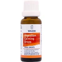 Brown glass bottle of Weleda Digestion Calming Drops with white cap and orange label, 25ml.