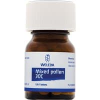 Weleda Mixed Pollen 30c tablets in a brown glass bottle with white cap and blue label, 125 count.