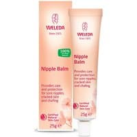 Weleda Nipple Balm 25g in a peach tube with matching box, featuring pink floral design and text detailing benefits.