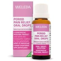 Weleda Period Pain Relief Oral Drops, 25ml brown bottle with white cap, pink and white label, matching box.