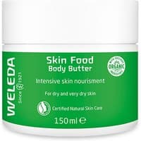 Weleda Skin Food Body Butter 150ml in a green and white jar, labeled for dry skin nourishment.