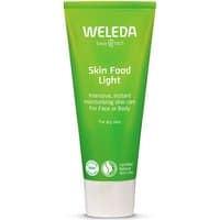 Green Weleda Skin Food Light 75ml tube with white text and logo, designed for face or body moisturizing.