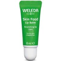 Green Weleda Skin Food Lip Balm tube, 8ml, with white cap and text for nourishing lip care.