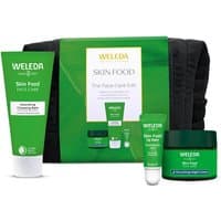 Weleda Skin Food Face Care Edit Gift Set with green packaging, includes cream tube, balm, and moisturizer jar.