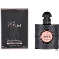 YSL Black Opium Eau de Parfum 30ml, black glitter bottle with pink label, next to matching black box with silver text.