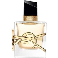 YSL Libre Eau de Parfum 30ml, clear square bottle, gold accents, black cap, and YSL logo wrapping around.