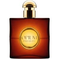 Amber YSL Opium Pour Femme Eau de Toilette 90ml bottle with gold cap and circular gold label.