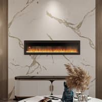 50-inch black electric fireplace with adjustable flames, wall-mounted on marble wall, sleek modern design.
