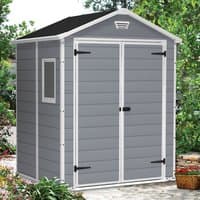 Gray Keter Manor plastic garden shed with white trim, double doors, window, and black roof.