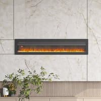 Black 60-inch electric fireplace with 9 flame colors, wall-mounted on marble wall, includes remote control.