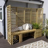 Modular wooden garden seating set with slatted backrest, corner bench, and integrated planter box, in natural wood finish.