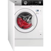 White AEG integrated washing machine with black control panel, circular door, and visible red fabric inside.