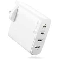 White ALOGIC 4X100 Universal AC charger with two USB-C and two USB-A ports, compact design, and foldable plug.