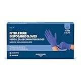 Blue nitrile disposable gloves, powder-free, size M, 100 count box, Amazon Basic Care branding.