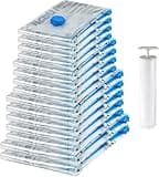 Clear Amazon Basics vacuum storage bags with blue airtight valves, stack of 15, includes white hand pump.