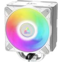 White ARCTIC Freezer 36 A-RGB CPU cooler with square tower design, rainbow LED fan, and silver heat sink.