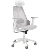 White ASUS ROG Destrier Core gaming chair with padded seat, adjustable armrests, and headrest on a wheeled base.