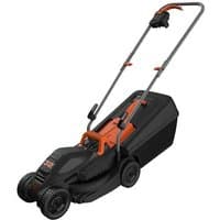 Black and orange Black & Decker push lawn mower with dual wheels and ergonomic handle.