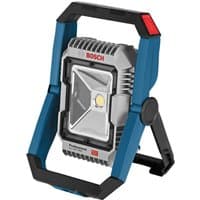 Blue Bosch 18V cordless jobsite light with adjustable stand and central LED panel.
