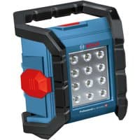 Blue Bosch cordless jobsite light with black handle, red button, and 12 LED bulbs in a square pattern.