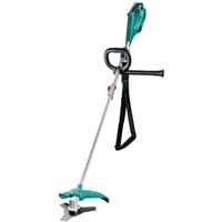 Green Bosch brushcutter with silver shaft, black handle, and shoulder strap, featuring a three-blade cutting head.