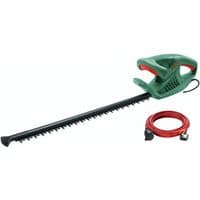 Green Bosch EasyHedgeCut 45-16 hedgecutter with long black blade and red power cord.