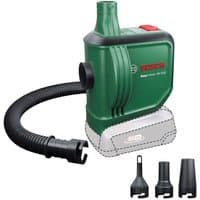 Green Bosch EasyInflate 18V-500 cordless air pump with black hose and three nozzle attachments.