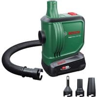 Green Bosch EasyInflate cordless air pump 18V-500 with black hose, red button, and three nozzle attachments.