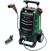 Bosch Fontus Gen II green and black portable pressure washer with hose, wheels, and adjustable spray nozzle.