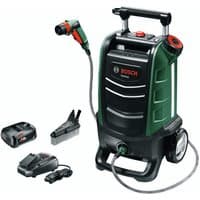 Green Bosch Fontus Gen II pressure washer with hose, wheels, 18V battery, and charger.