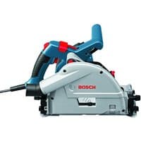 Bosch GKT55GCE Plunge Saw in blue and silver with red accents, ergonomic handle, and visible power cord.