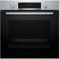Black Bosch built-in oven with stainless steel handle, digital display, and two control knobs on the top panel.