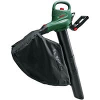 Green Bosch leaf blower with black collection bag and ergonomic handle.