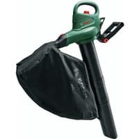 Green Bosch Universal GardenTidy 3000 vacuum with black collection bag and ergonomic handle.