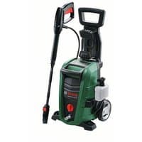 Green Bosch pressure washer with black handle, red accents, wheels, and attached spray gun.
