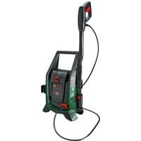 Green Bosch pressure washer with black handle, red accents, and compact brush attachment, 1450psi, 36V cordless.
