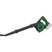 Green Bosch cordless leaf blower with long black nozzle and ergonomic handle, battery slot visible.