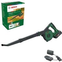 Green Bosch cordless leaf blower with black nozzle, 18V battery, charger, and packaging box.