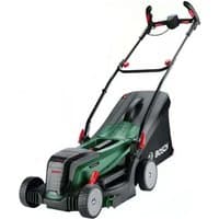 Green and black Bosch cordless lawnmower with red accents, four wheels, and ergonomic handle.