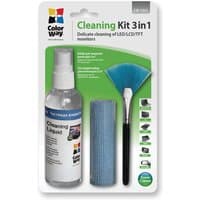 Clear spray bottle with blue label, blue microfiber cloth, and fan brush in blister packaging.