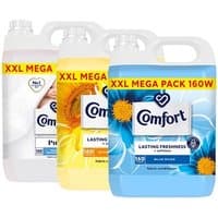 Comfort fabric conditioner pack with blue, white, and yellow bottles, featuring floral designs and XXL Mega Pack label.