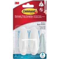 White Command medium bathroom hooks with adhesive backing, packaged in red and white blister pack.