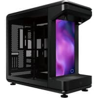 Black Cooler Master MasterFrame 360 STAGE LCD Full Tower with transparent panels and vibrant LCD display.