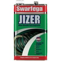 Red and green Swarfega Jizer 5-litre metal can with screw cap, labeled as water-rinsable parts degreaser.