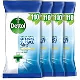 Dettol antibacterial wipes pack, white and green, 110 wipes per pack, blue accents, kills 99.9% of germs, biodegradable.