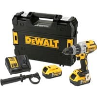 Yellow and black DeWalt cordless combi drill with two 5Ah batteries, charger, side handle, and black carrying case.