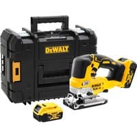 Yellow and black DeWalt cordless jigsaw with top handle, two 5Ah batteries, and a sturdy carrying case.