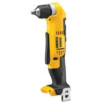 Yellow and black DeWalt 18V XR right angle drill with ergonomic grip and compact design, no battery included.
