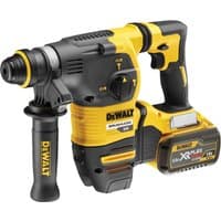 Yellow and black DeWalt SDS Plus hammer drill with brushless motor and 54V XR FlexVolt battery.