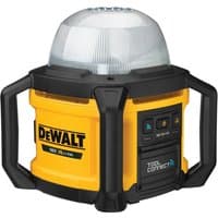 Yellow DeWalt 18V XR area light with black handles, clear dome top, and control panel on the side.